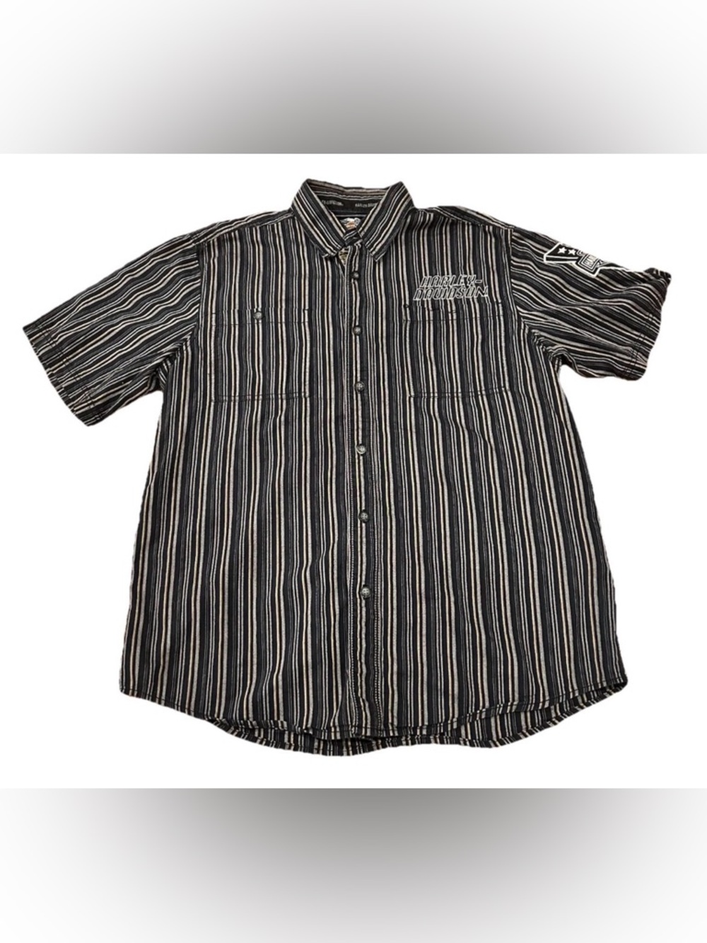 Vintage Harley Davidson Button Up Down Shirt Short Sleeve Large Pinstripe Stripe